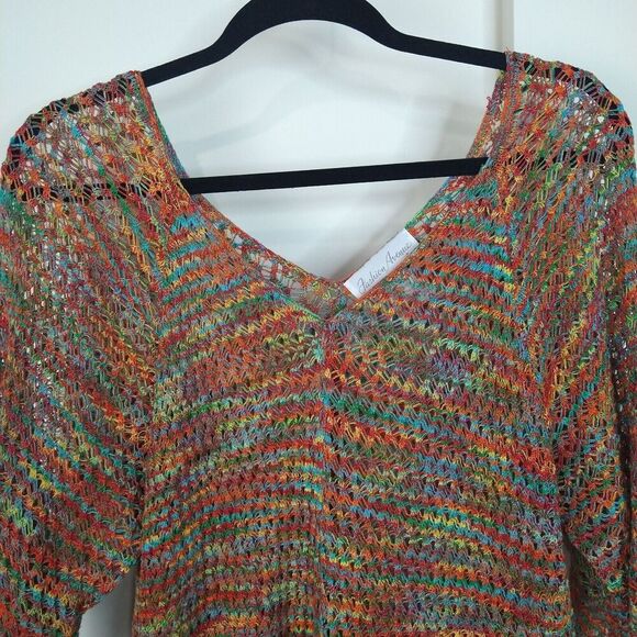 Fashion Avenue Open Knit Crochet V Neck Short Sleeve Cover-up Top Sz XL Rainbow - Picture 2 of 7